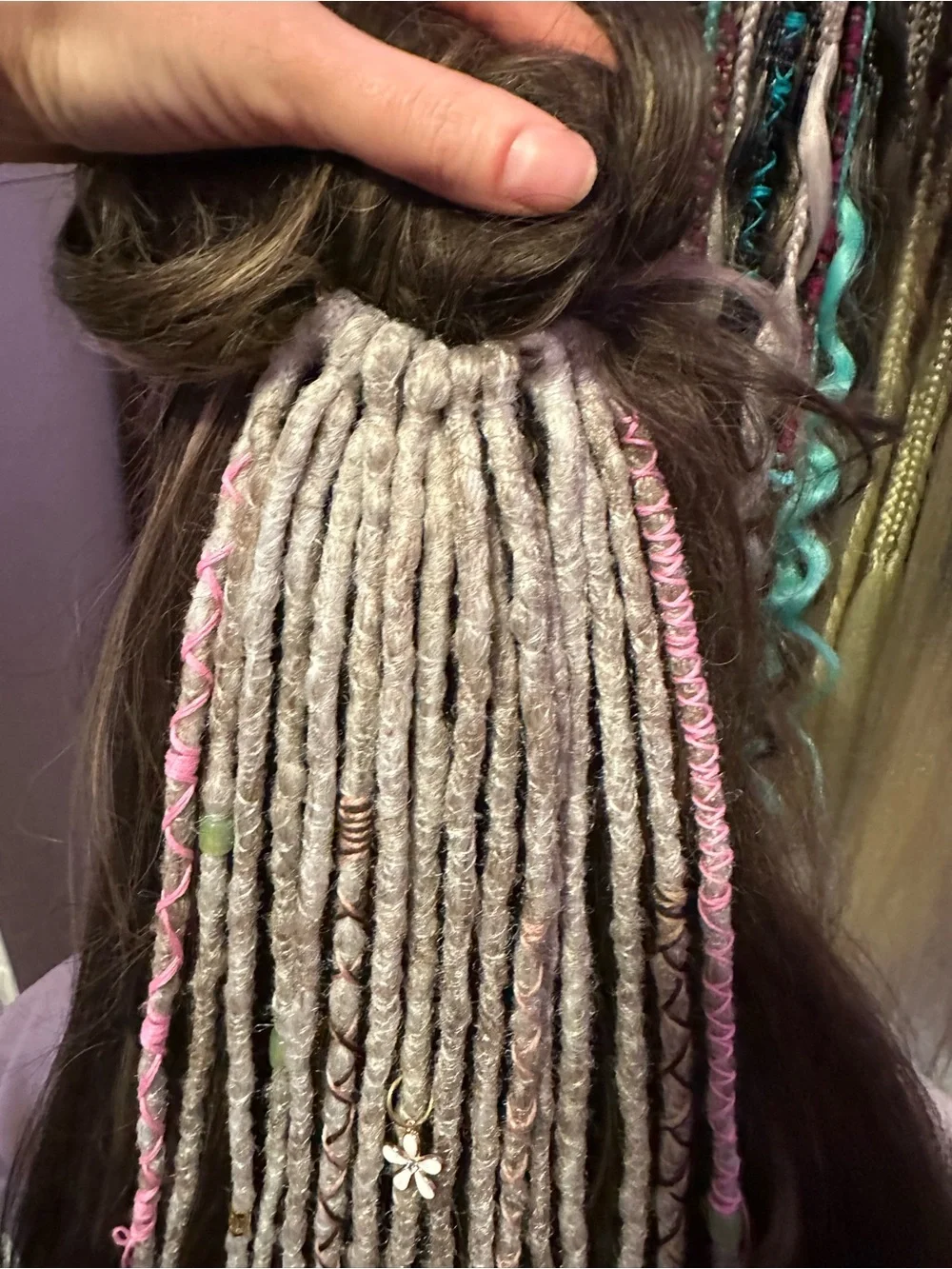 Boho Gray & Pink Synthetic Dreadlock Hair Wraps with Bead Accents
